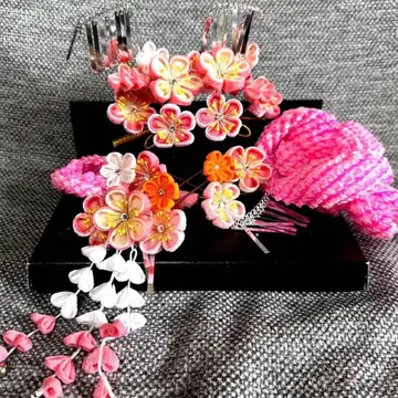 시치고산 머리 장식 5점 세트 비녀 핑크 츠마미자이쿠 일본식 머리 모양