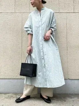 kagure 코튼 린넨 스트라이프 셔츠 원피스 그린
