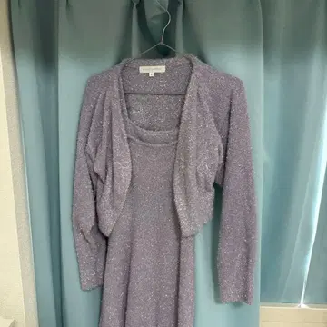 라벤더 라메 믹스 가디건 드레스 세트