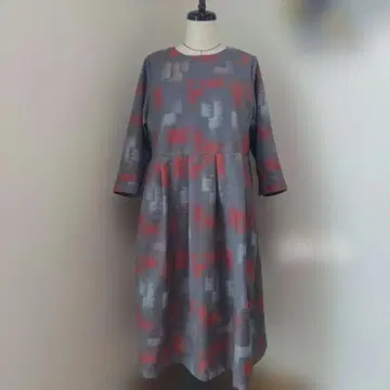 그레이 빨간색 패턴 긴팔 무릎 기장 원피스 (울 기모노 리메이크)
