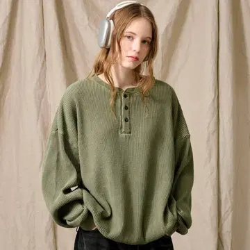 완판템 WETTEMPT 헨리넥 피그먼트 와플 롱 T