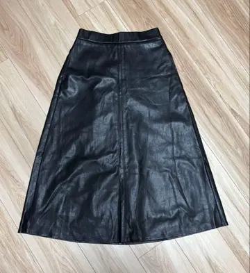 PLST 블랙 M 사이즈 인조 가죽 A라인 롱 스커트