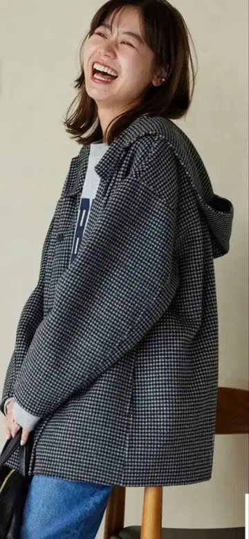 저널 스탠다드 리룸 체크 무늬 후드 부착 숏코트
