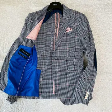 새상품급 ZARA 테일러드 자켓 46 체크 포켓 치프 린넨 혼방