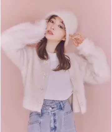 snidel 비쥬 리본 샤기 가디건 핑크 프리 사이즈