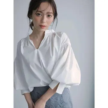 anuans 벨커프스 개더 블라우스 화이트 볼륨 셔츠
