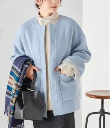 SHIPS WOMEN 배색 리버서블 노카라 코트 라이트 블루