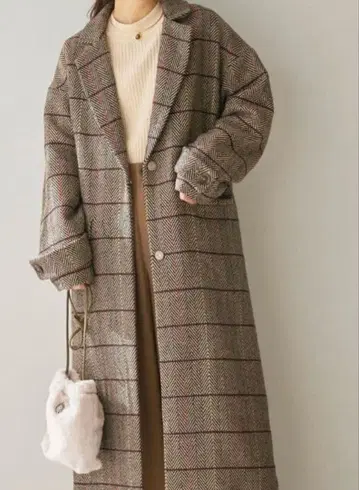 discoat 헤링본 체크 롱 코트 S