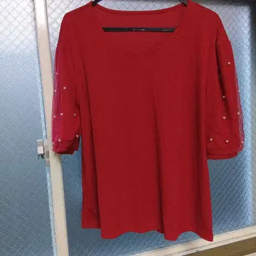 레드 펄 장식 오부 소매 니트