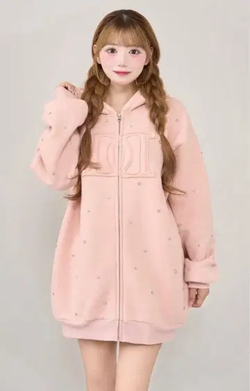 다리치 비쥬 장식 핑크 오버 사이즈 후드티