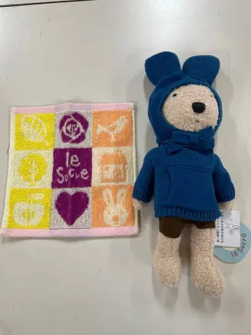 le Sucre 니트 후드티 브라운 토끼 봉제 인형과 타월 세트
