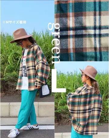 택 포함 새상품 시마무라 nozomi 콜라보 체크 셔츠 그린