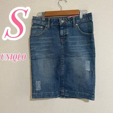 UNIQLO 유니클로 S 데님 타이트 스커트 블루 슬릿 무릎 기장