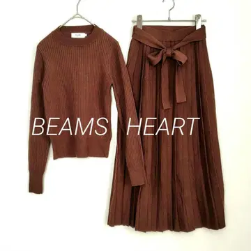 빔즈 [ S ] 셋업 리브 니트 플리츠 스커트 브라운