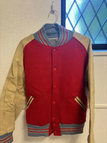 레드 베이지 바시티 자켓 울 가죽 구제 의류 빈티지