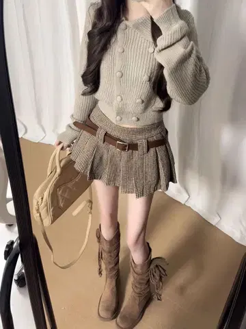 베이지 체크 무늬 스커트 벨트 포함