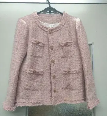 핑크 트위드 노카라 자켓