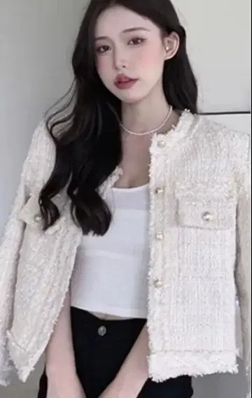 YANWEIYI 노카라 트위드 자켓 화이트 M