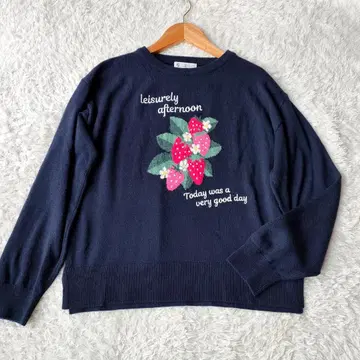 애프터눈 티 옷장 딸기 자수 니트 풀오버 네이비 MR
