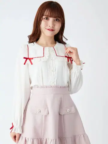 Ank Rouge 스퀘어 칼라 사다리 리본 블라우스 레드