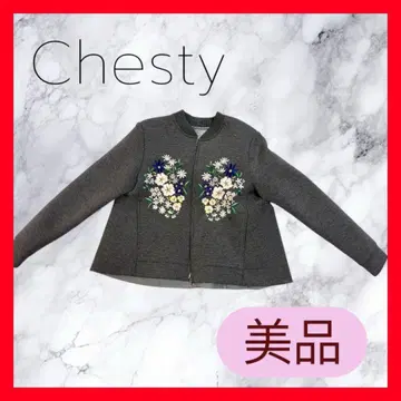 [ 새상품급 ] Chesty 꽃무늬 자수 그레이 블루종