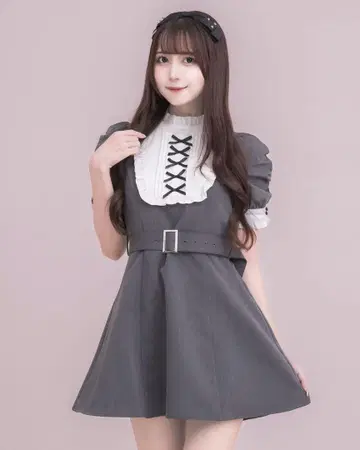 pium 요크 프릴 벨트 반팔 원피스