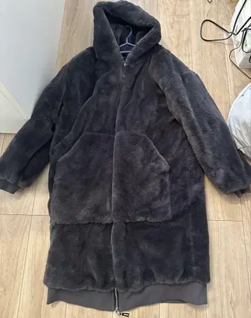 방한 짙은 그레이 인조 모피 롱 코트 XL