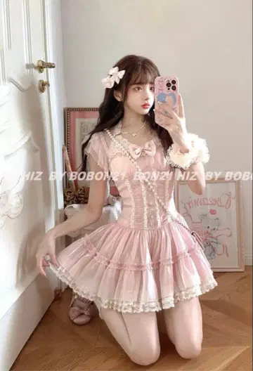 스퀘어 옷깃 머메이드 원피스 핑크