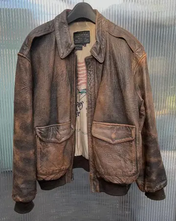 명작 AVIREX A-2 플라이트 자켓 천연 가죽 성조기 핀업걸