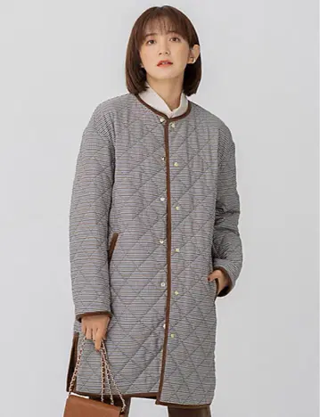 충전솜 퀼팅 체크 무늬 노카라 코트