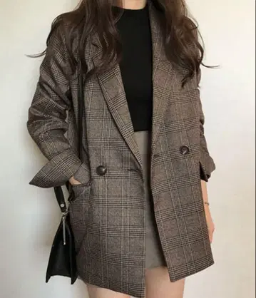 DAY CLOSET 체크 무늬 더블 자켓 브라운 한국 패션