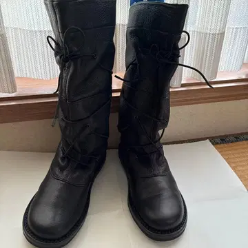 블랙 가죽 롱 부츠 레이스업