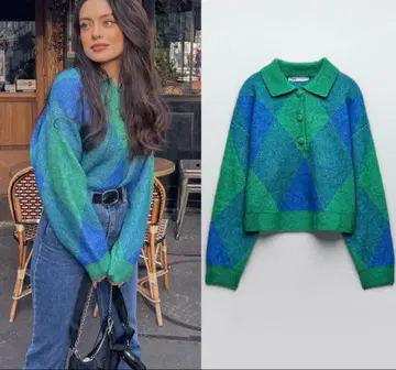 새상품 ZARA 아가일 자카드 니트 피케 셔츠 M 사이즈