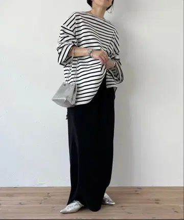 wee9s 와이드 슬리브 오버 사이즈 보더 티