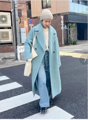 스카이블루 울 혼방 더블 브레스트 롱 코트