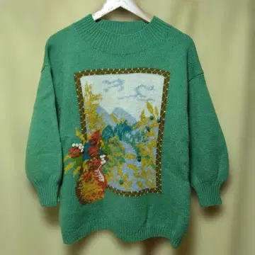 빈티지 구제 의류 꽃무늬 자수 그린 스웨터