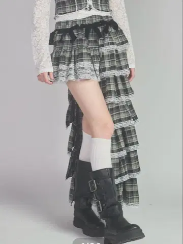 2way 체크 프릴 스커트 티어드 lilLilly 카키