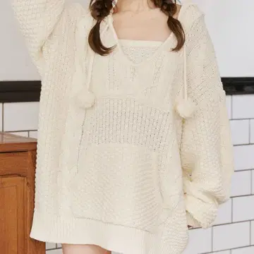 다리치 케이블 DD 로고 V넥 니트 후디