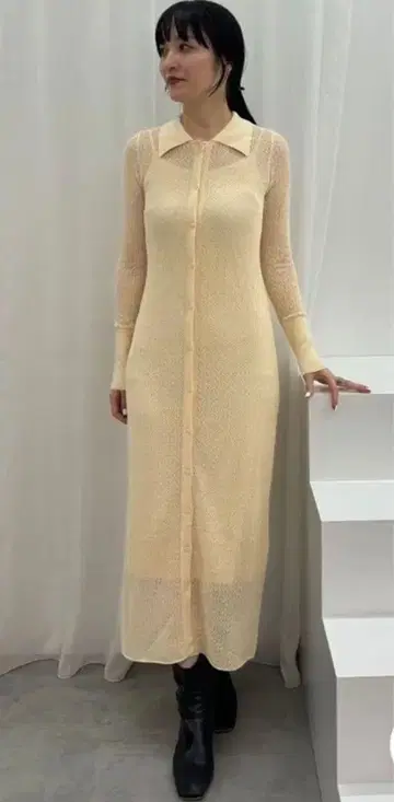 오픈 워크 패턴 카라 니트 원피스 ( 아이보리 )