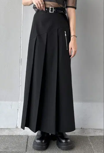 jiasecond. 비대칭 플리츠 롱 타이트 스커트 벨트 포함