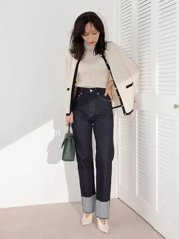 anuans 롤업 디자인 데님 팬츠 인디고