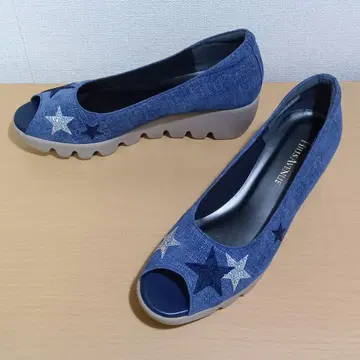 힐즈아베뉴 데님 별 패턴 펌프스 웨이브 밑창 22.5cm 미사용
