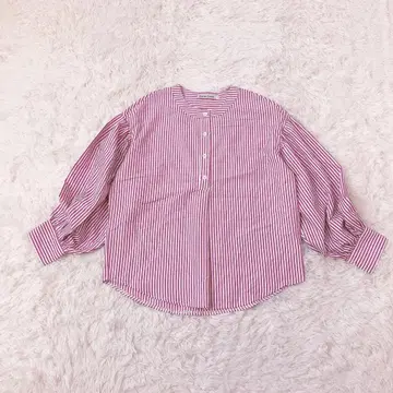 Futier Land 밴드 카라 블라우스 스트라이프 벌룬 슬리브 F