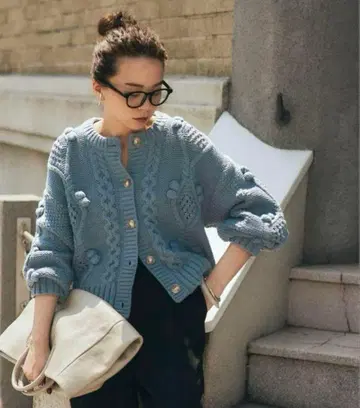 팝콘 니트 가디건 블루 야나기바시 유이