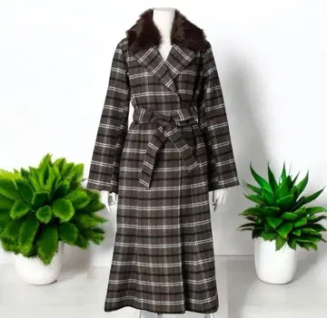 립서비스 브라운 체크 무늬 롱 코트 여성용 M 사이즈