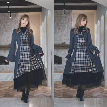 MASCATALE 트렌치 체크 벨트 원피스 청홍 majo