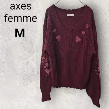 엑시즈팜 긴팔 니트 M 보르도 꽃무늬 자수 V넥 외출복