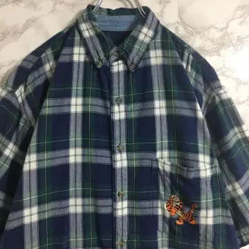 [ 체크 셔츠 ] 디즈니 푸우 원포인트 자수 반팔 셔츠 네이비 컬러 M