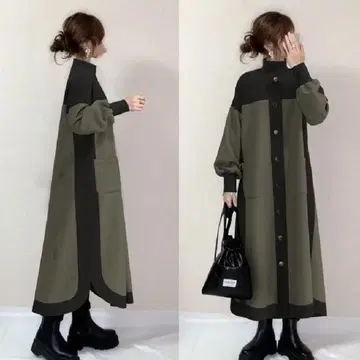 바이컬러 보틀넥 롱 원피스 성숙 캐주얼 블랙 카키
