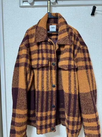 ZARA 오렌지 보라색 체크 플리스 자켓